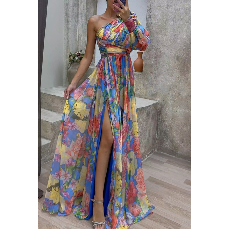 Party Casual Slit Loose Multicolor Sloping Dress