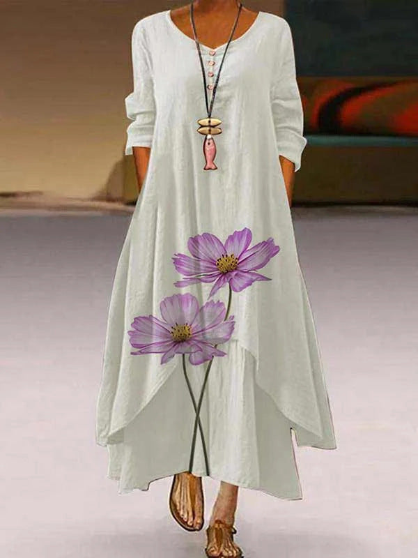 Women's Popular Printed Long-sleeved Hem Irregular Long Dress