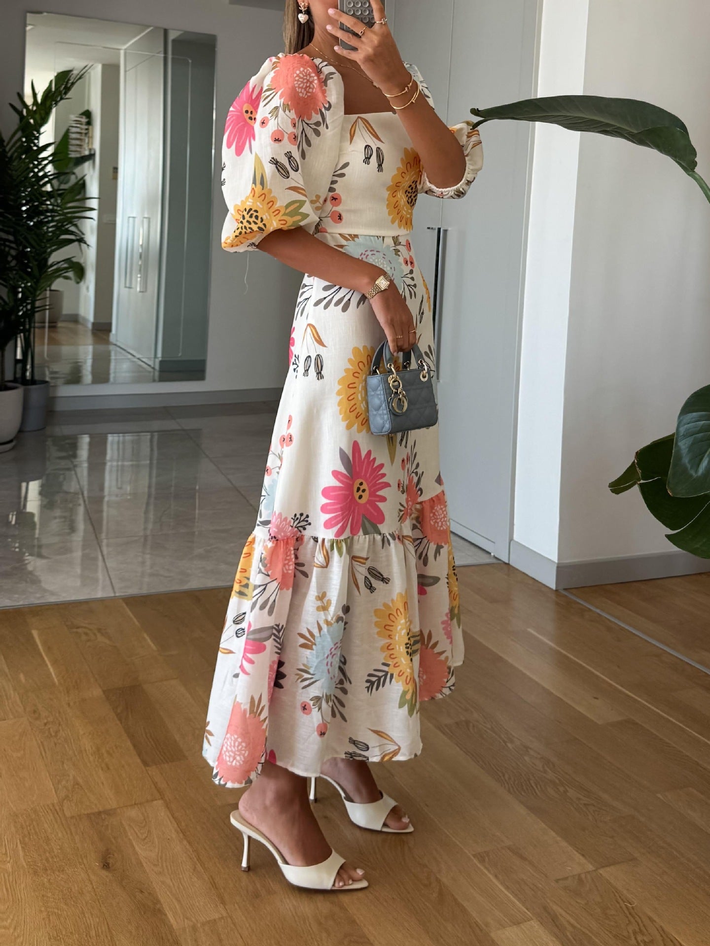 Women's Fashion Printed Puff Sleeve Large Swing Dress