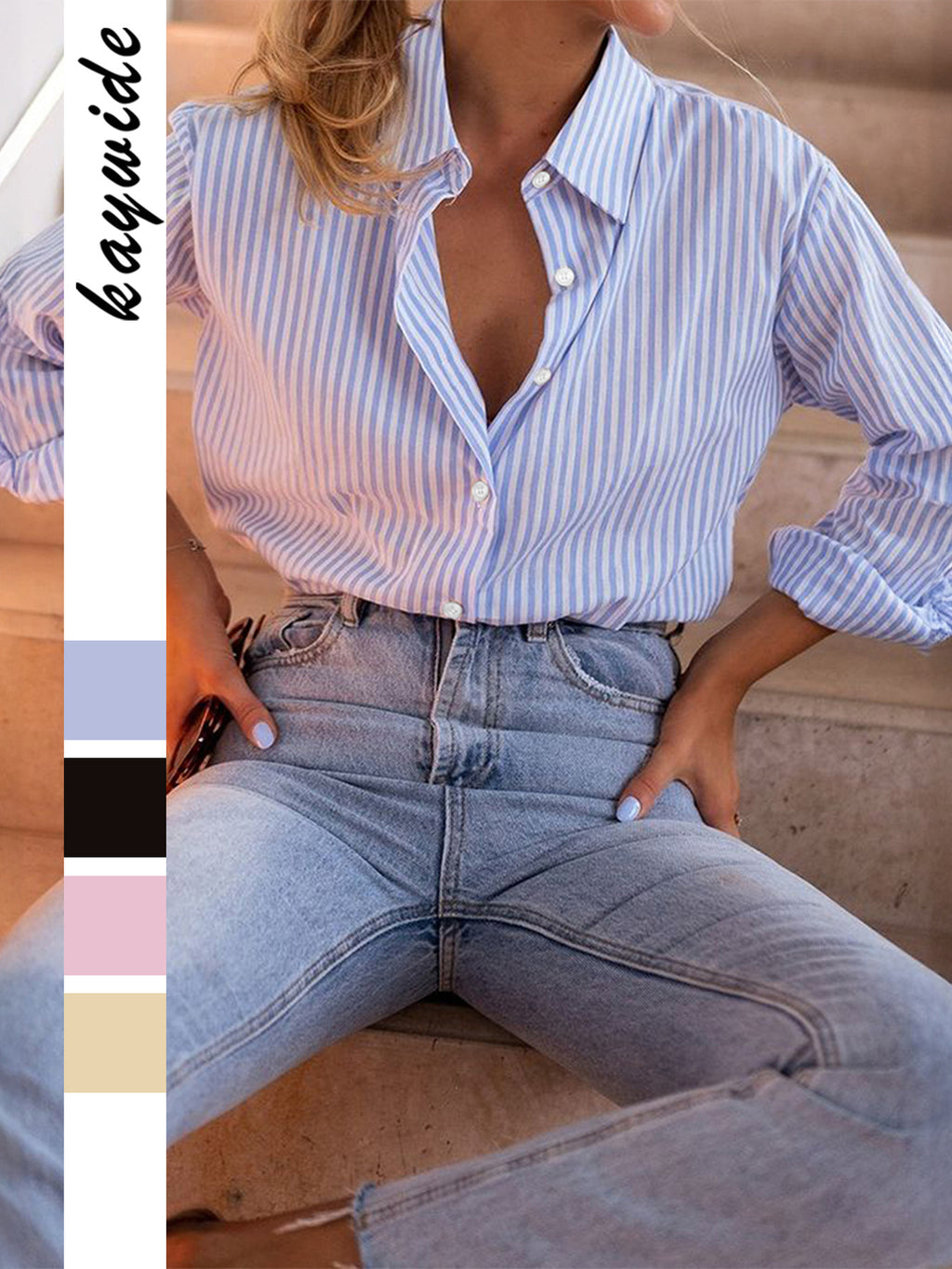 Women's Casual Loose Blue Striped Shirt Blouse
