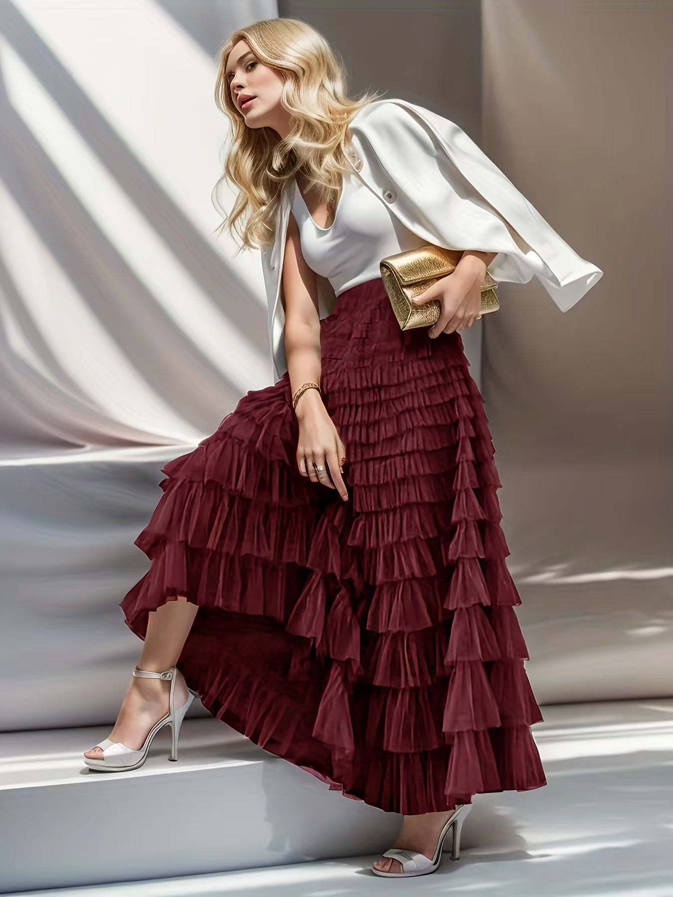 Women's French Style Long Autumn Elegant Solid Color High Waist Net Skirts