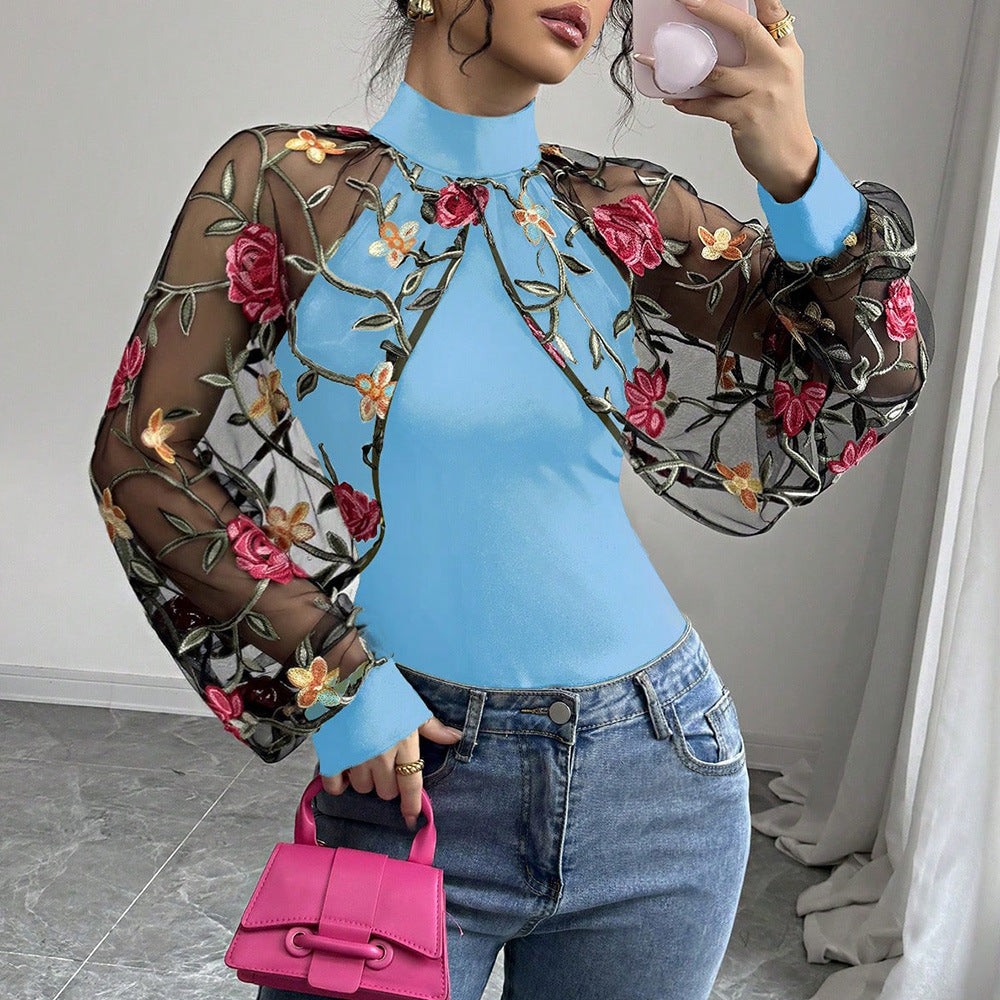 Women's Summer Sexy Floral Embroidered Lace Stitching Ruffle Fashionable Blouse