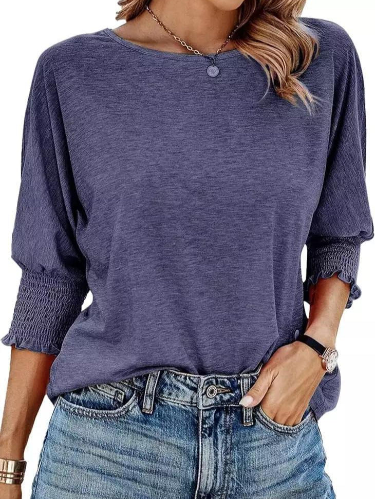 Women's Summer Stylish Loose Round Neck Cuff Smocking Long Women's T-shirt
