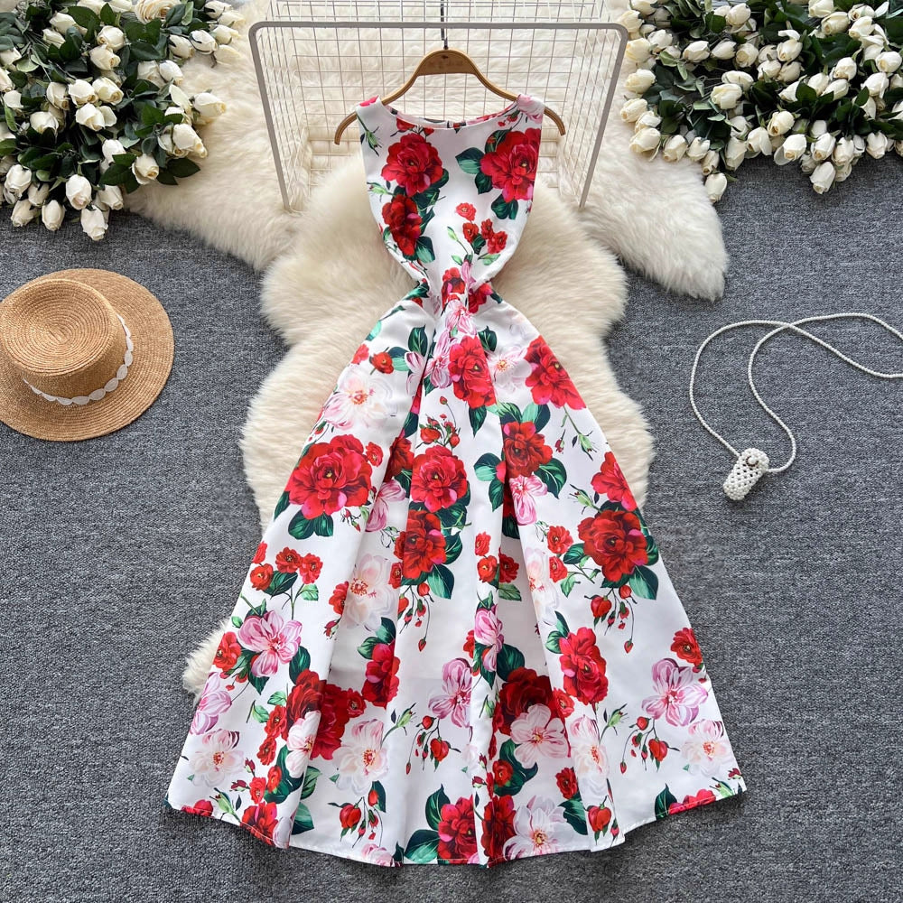 Women's Small Fashionable Retro Waist Slimming Sleeveless Fashion Printed Dress