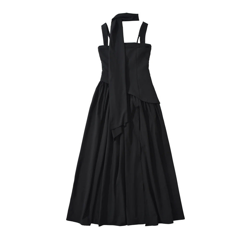 Women's Scarf Suspender Design Sense Sexy High Split Patchwork Pleated Large Dress