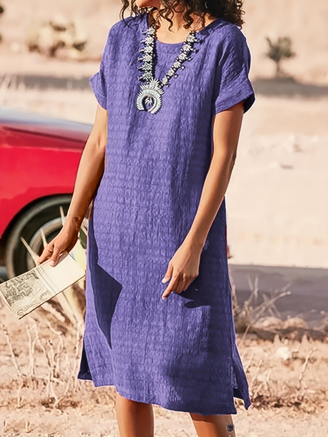 Women's Short-sleeved Casual Round Neck Side Slit Dress