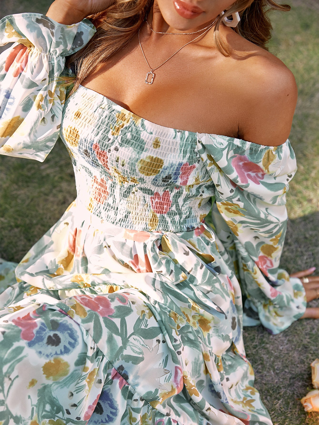 Collar Flared Long Sleeve High Waist Dress