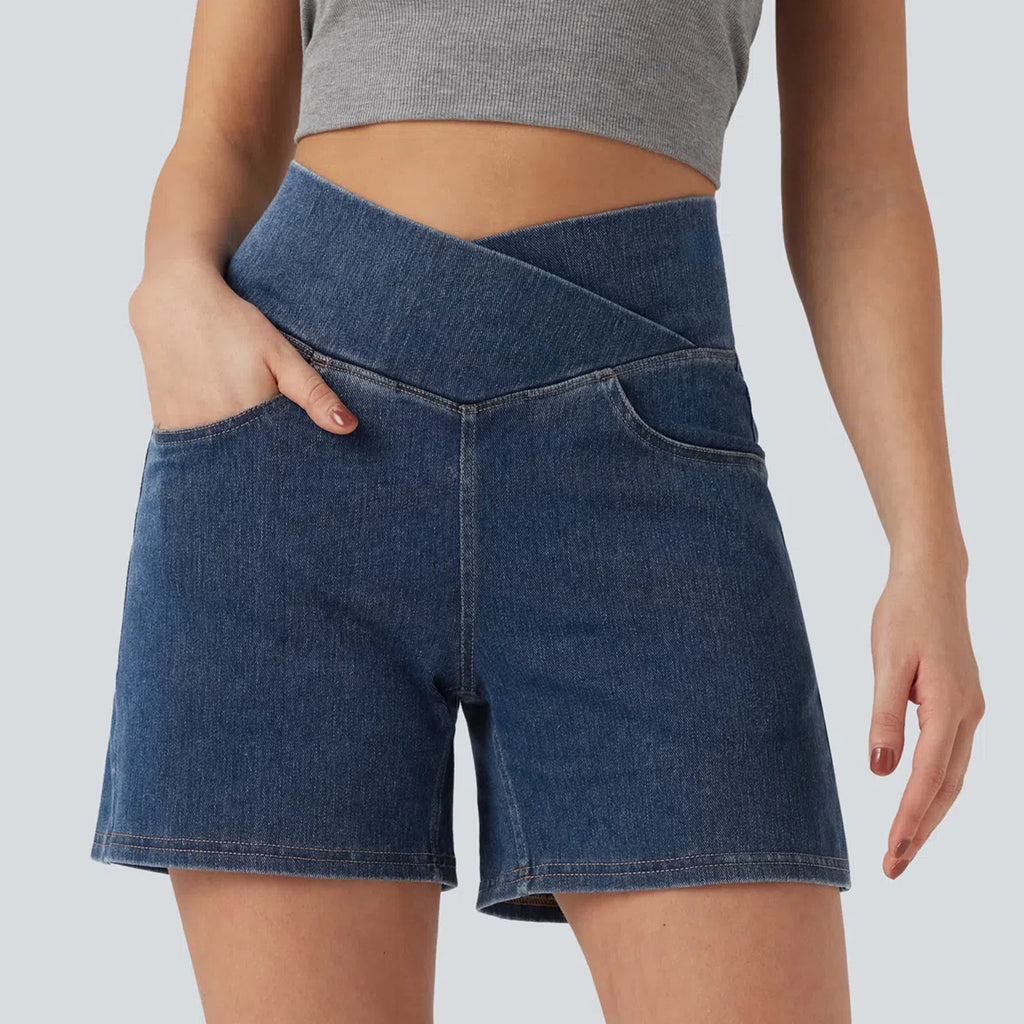 Women's Washed Cross High Waist White Denim Stretch Casual Riding Shorts