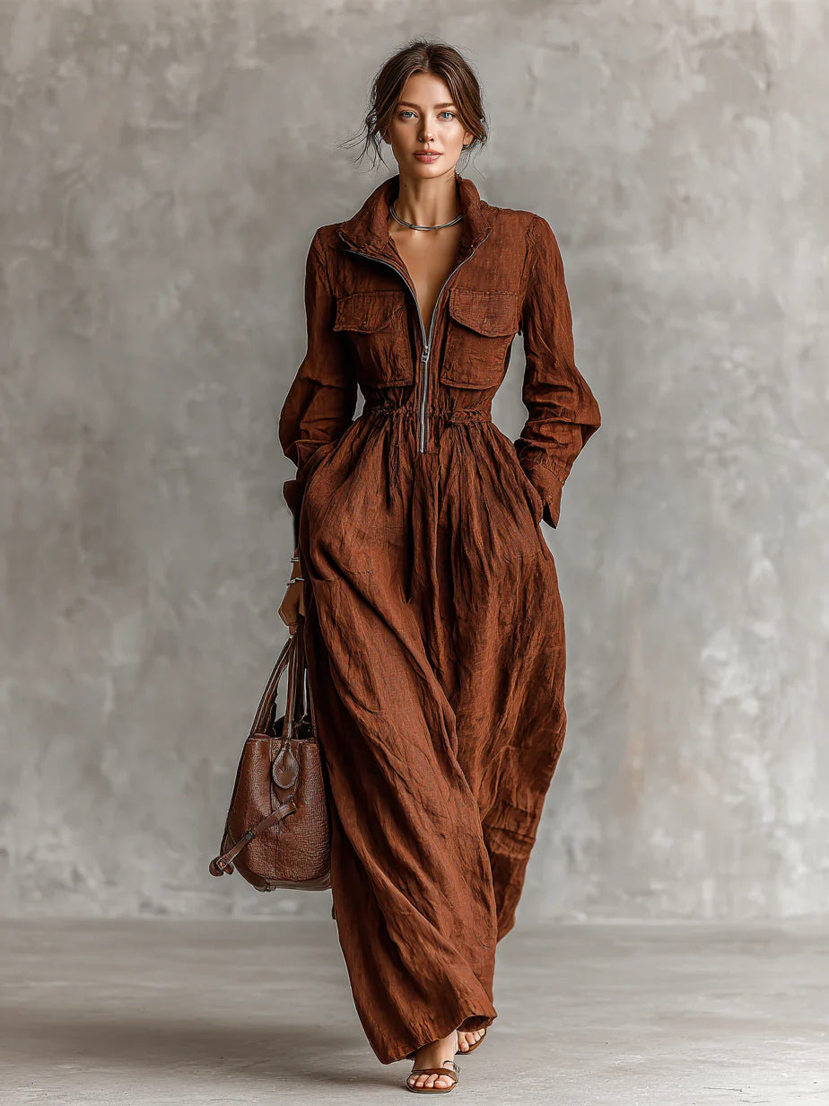 Women's Style Zipper Lapel Elastic Waist Long Vacation Dress