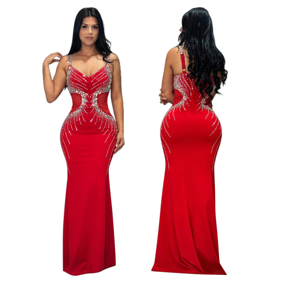 Sexy Brace Long Slim Fit Rhinestone Dress