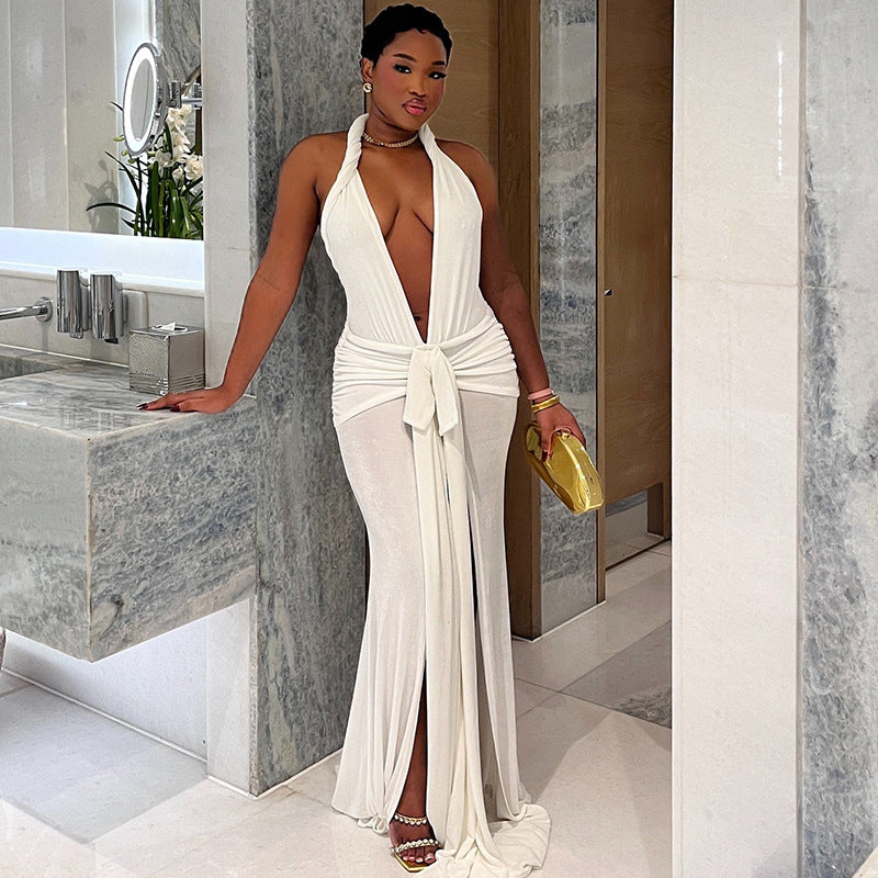 Women's Sexy Sleeveless Halter Backless Split Elegant Dress