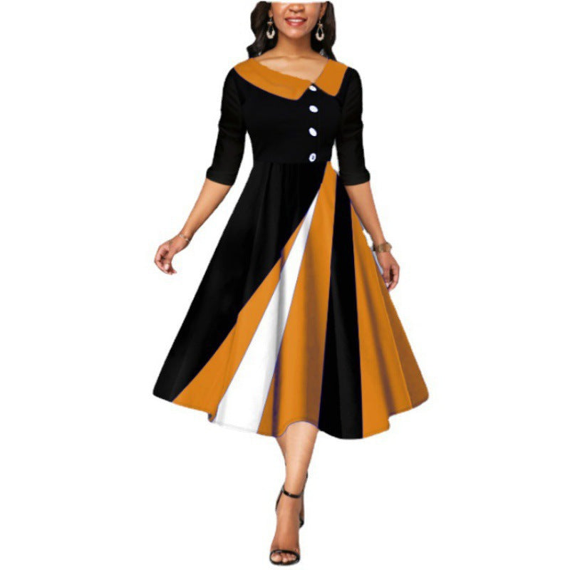 Women's Fastener Decoration Printed Large Swing Sleeve Dress