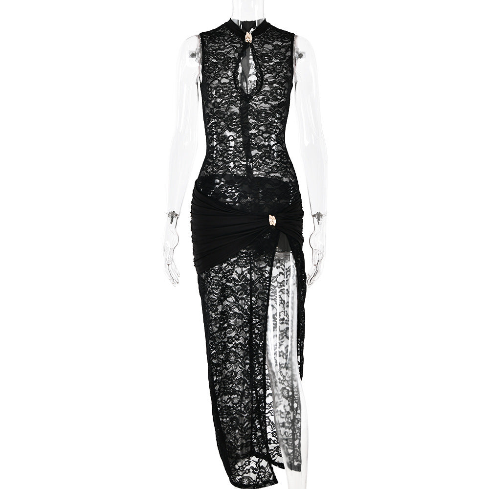 Fashion Elegant Sleeveless Lace Printed Hollow Dress