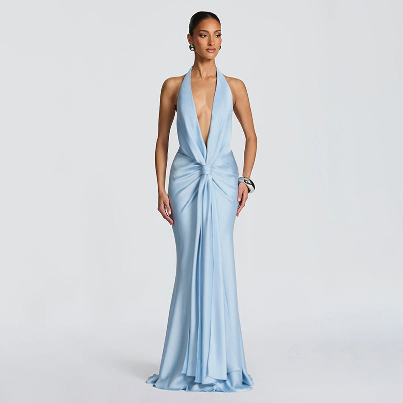 Women's Elegant Sexy Deep Halter Backless Ribbon Solid Color Dress
