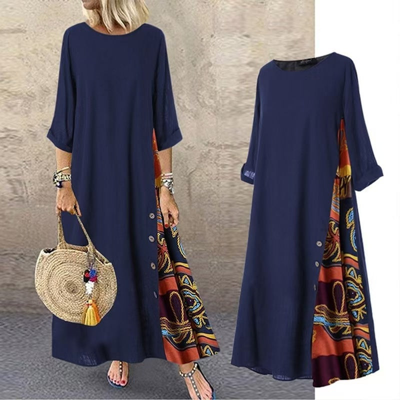 Floral Round Neck Contrast Color Button Dress