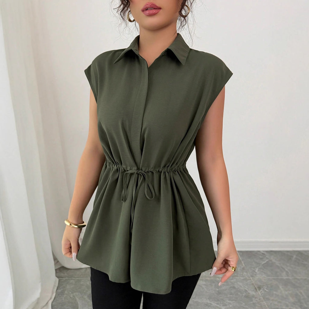 Women's Fashion Loose Waist Single-breasted Solid Color Collar Women's T-shirt