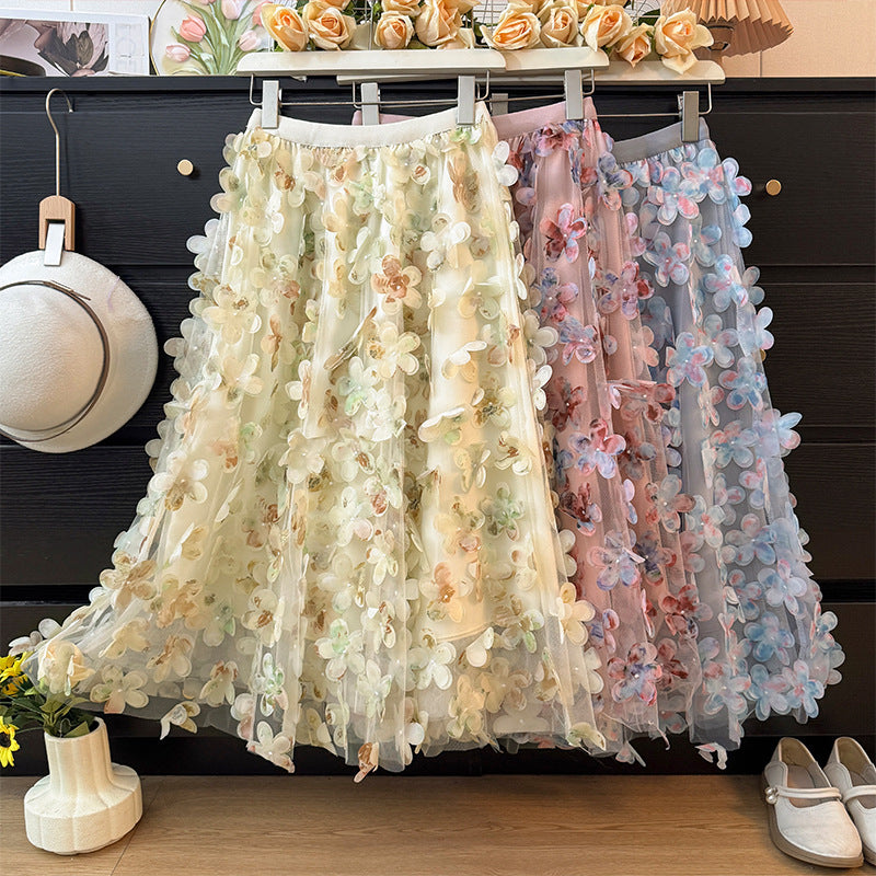 Women's Flower Mesh Stitching Autumn High Waist A- Line Loose Large Skirt
