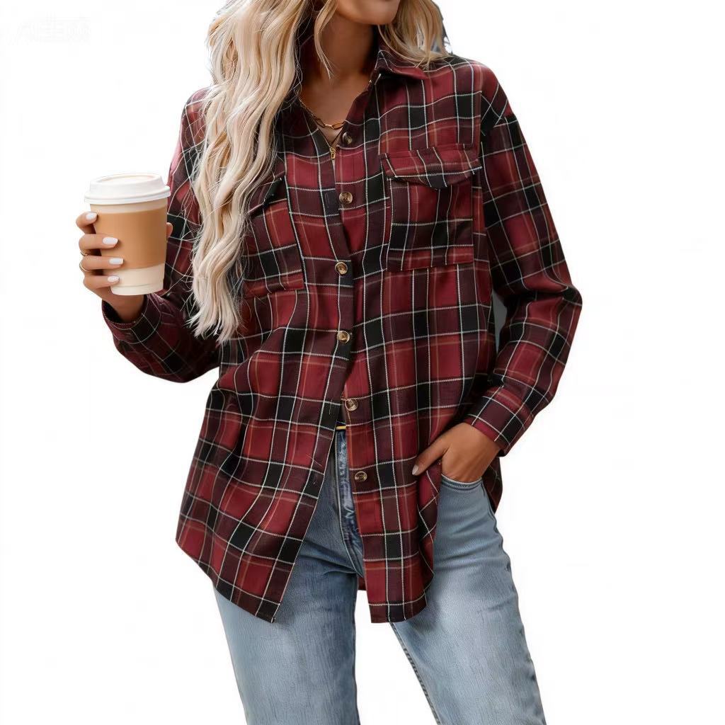 Women's Casual Fashion Loose Plaid Pocket Shirt Blouse