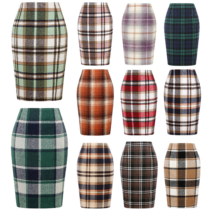 Women's Pencil Tartan High Waist Tight Hip Knee-length Dress