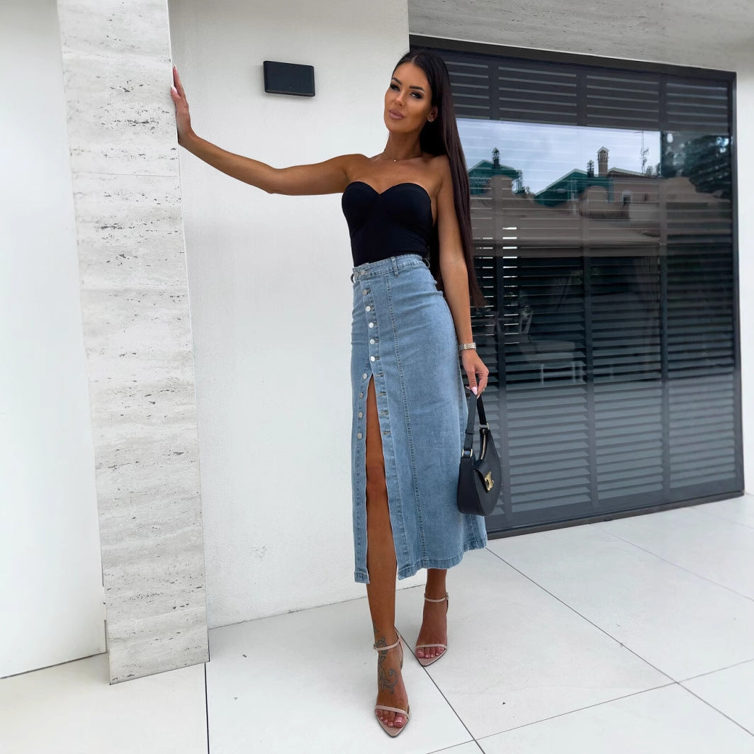 Women's Button Irregular Slit Denim High Waist Sexy Slim Fit Skirt