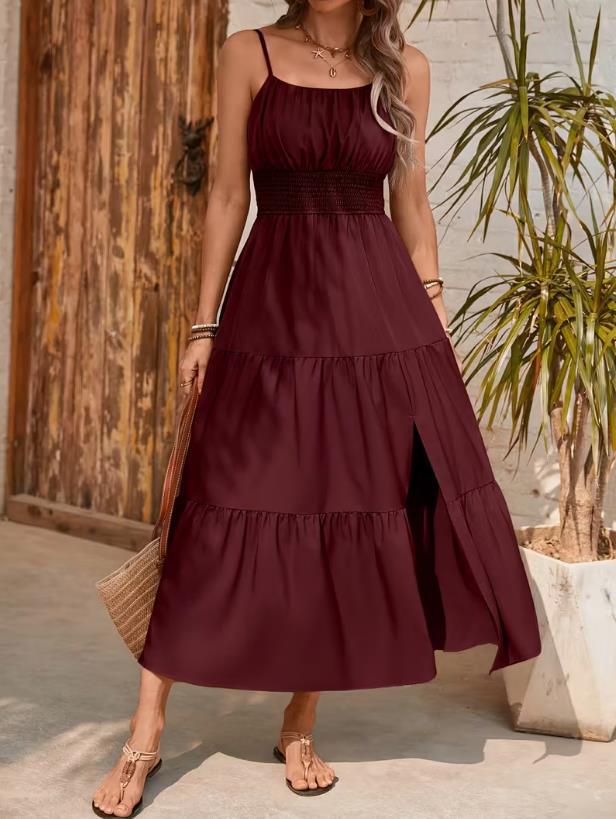Women's Sling Layered Slim Waist Solid Color Dress