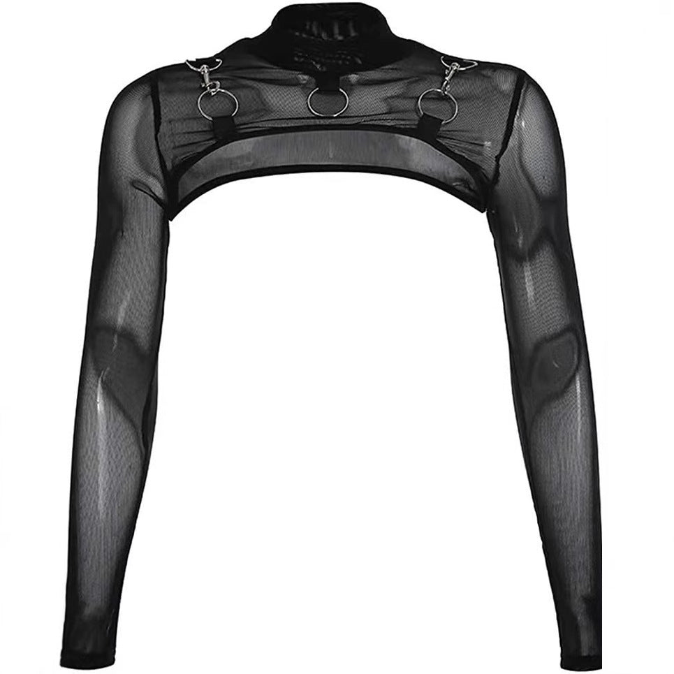 Sleeve Half Turtleneck Shawl Fishing Net Cover Women's T-shirt