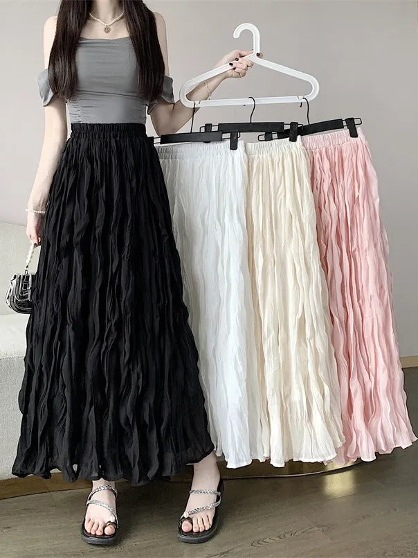 Women's White Elastic Waist A- Line Summer High Casual Elegant Long Skirt