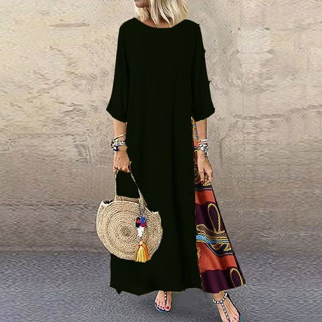Floral Round Neck Contrast Color Button Dress