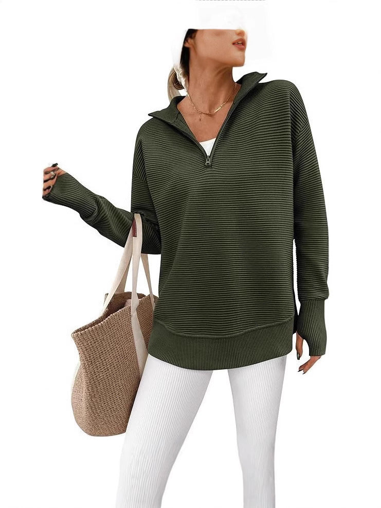 Women's Long Sleeve Half Zip Rib Knitted Pullover Early Autumn Clothing