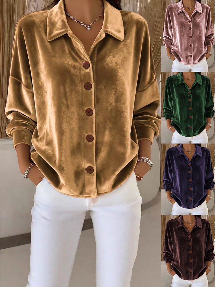 Women's Casual Long-sleeved Shirt Collar Gold Veet Blouse