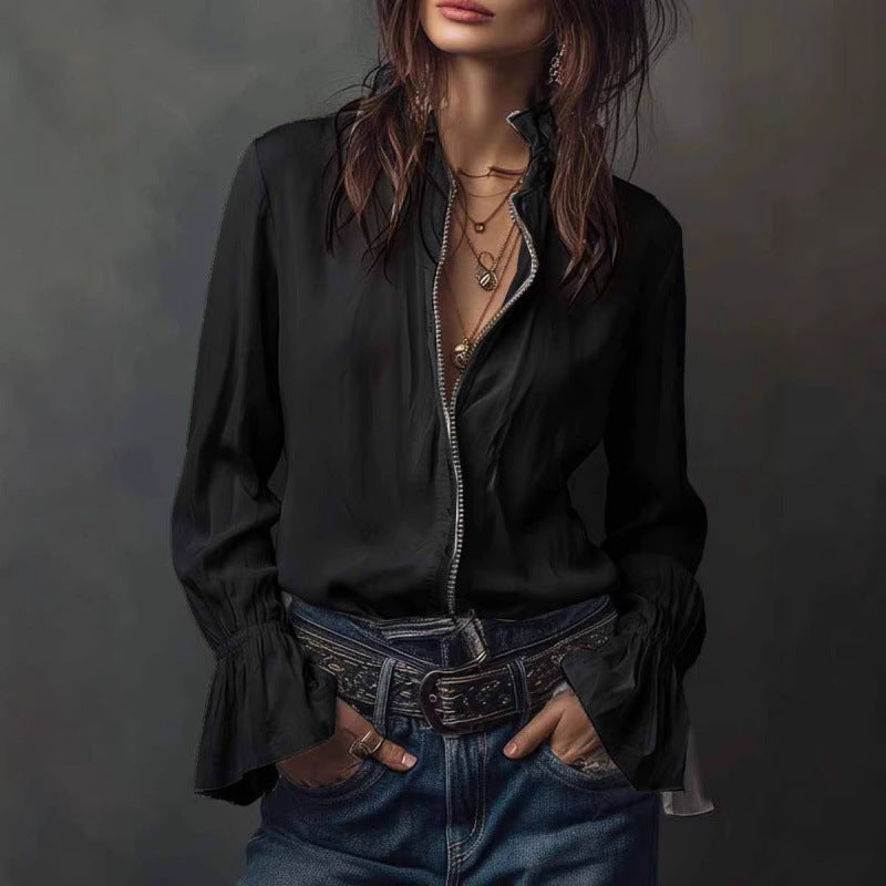 Women's Vacation Western Bohemian Long Sleeve Zipper Shirt Blouse