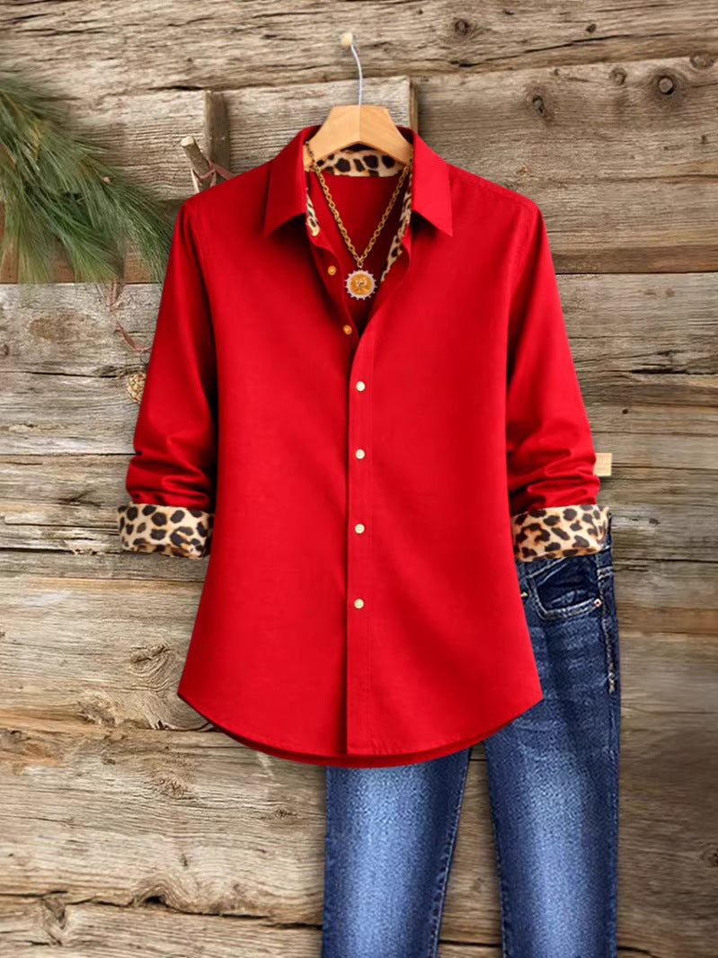 Women's Spring Solid Color Leopard Splicing Long Blouse