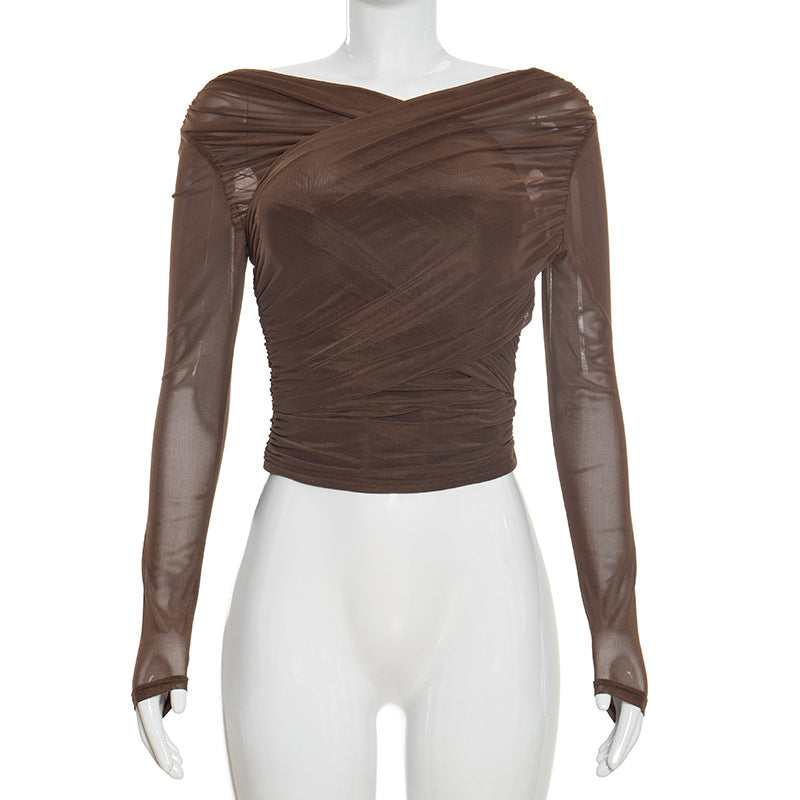 Women's Autumn Pure Color Mesh Sexy Pleated Tops