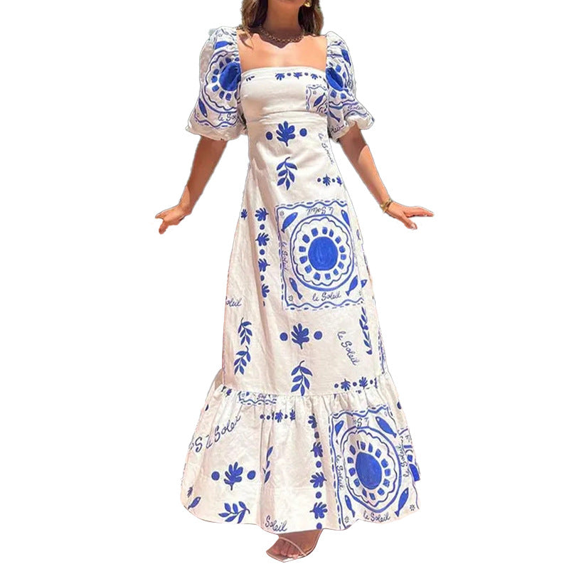 Women's Spring Elegant Fashion Lantern Sleeve Printing Dress