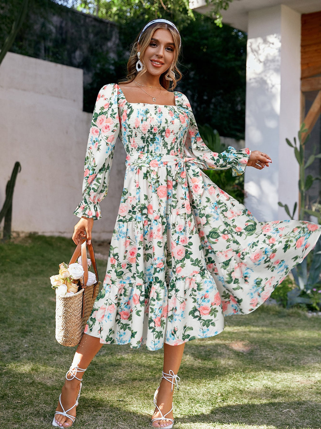 Collar Flared Long Sleeve High Waist Dress