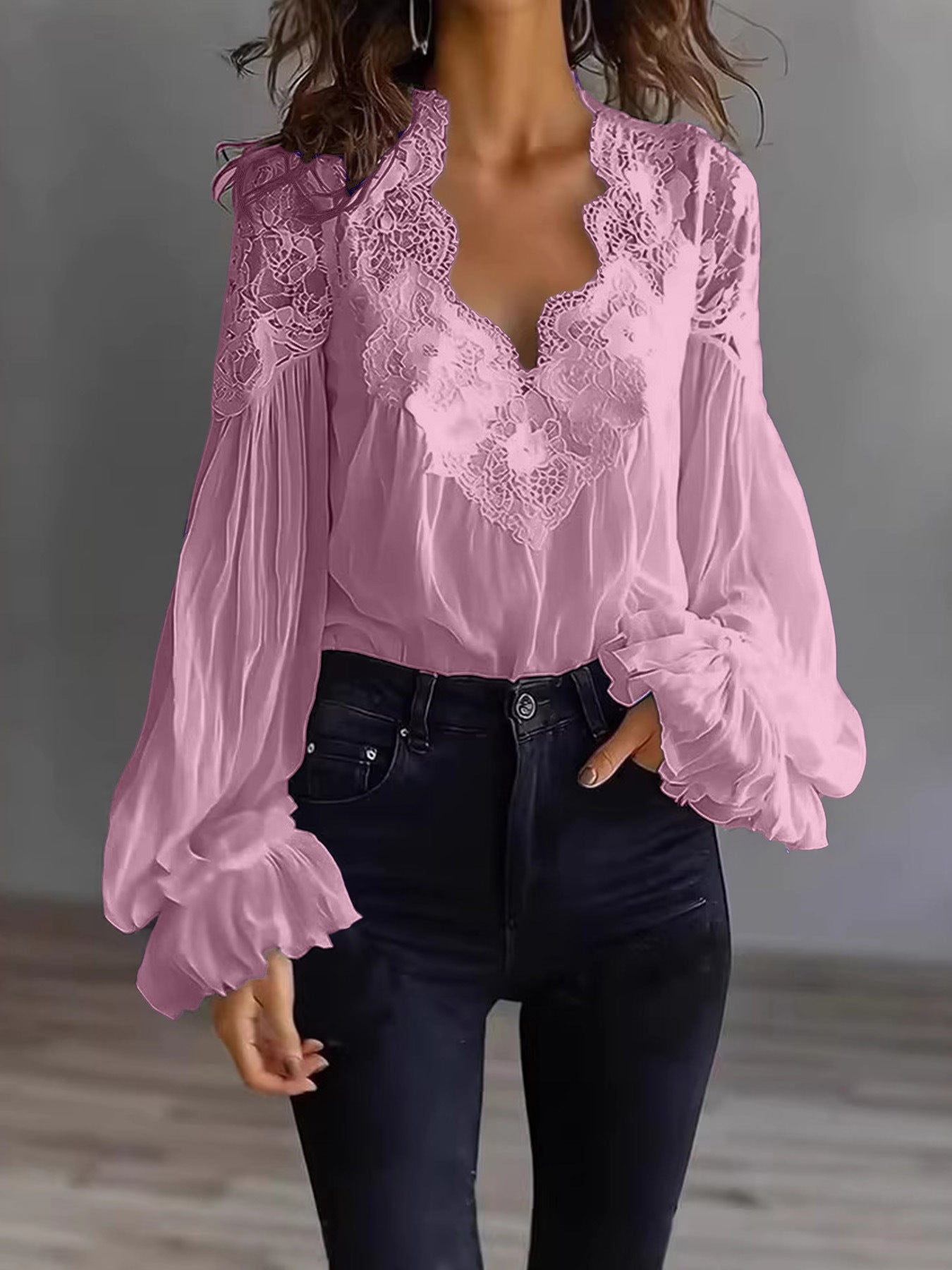 Women's Lace Stitching Puff Sleeve Pleated Shirt Blouse