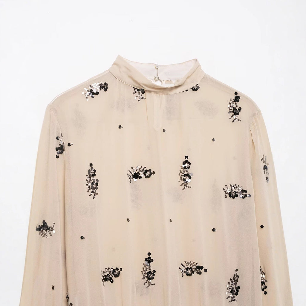 Trendy Early Spring Sequin Translucent Shirt Blouse