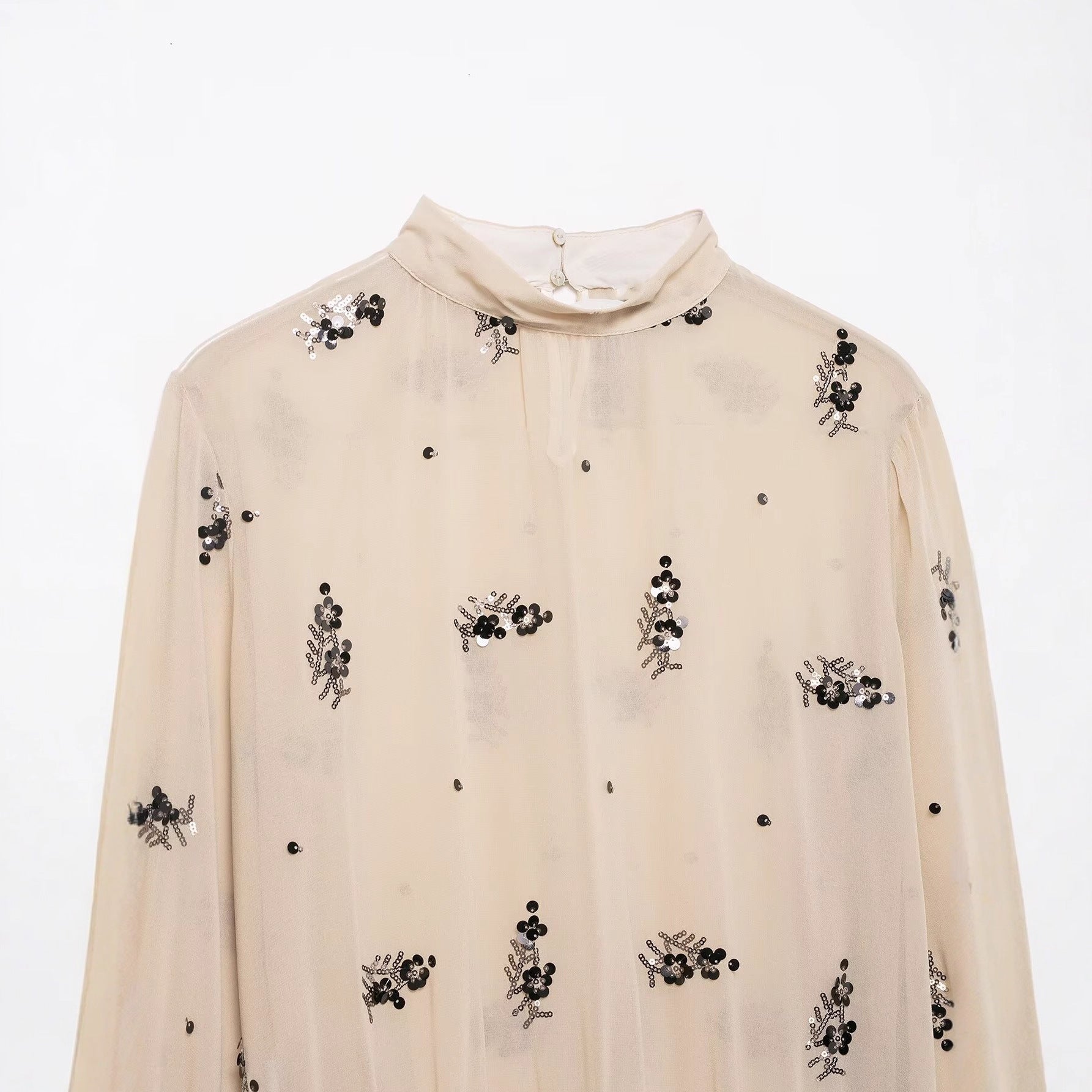 Trendy Early Spring Sequin Translucent Shirt Blouse