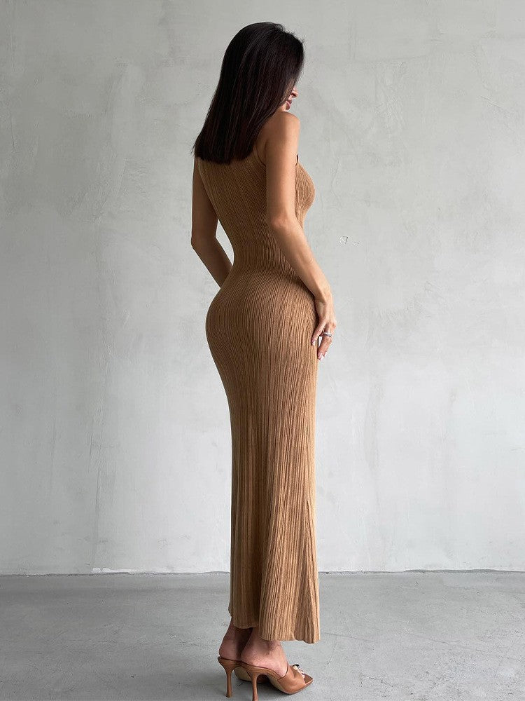 Women's Knitted Turtleneck Sleeveless Tight Midi Elegant Dress