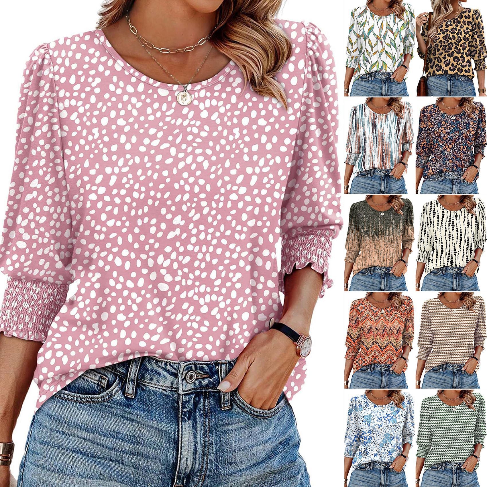 Women's Autumn Loose Casual Print Sleeve Crew Women's T-shirt