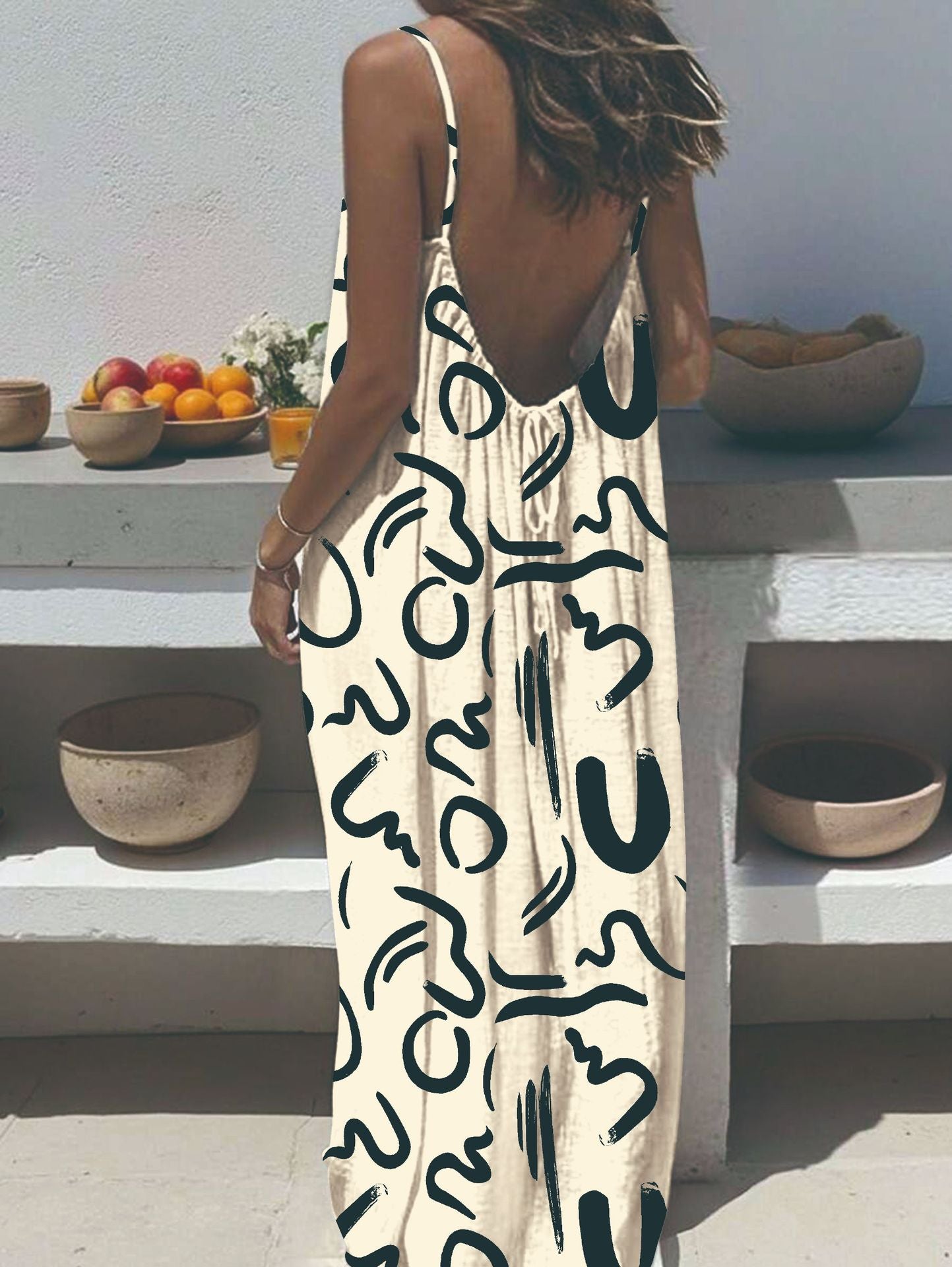 Women's Sling Backless Loose Print Long Dress