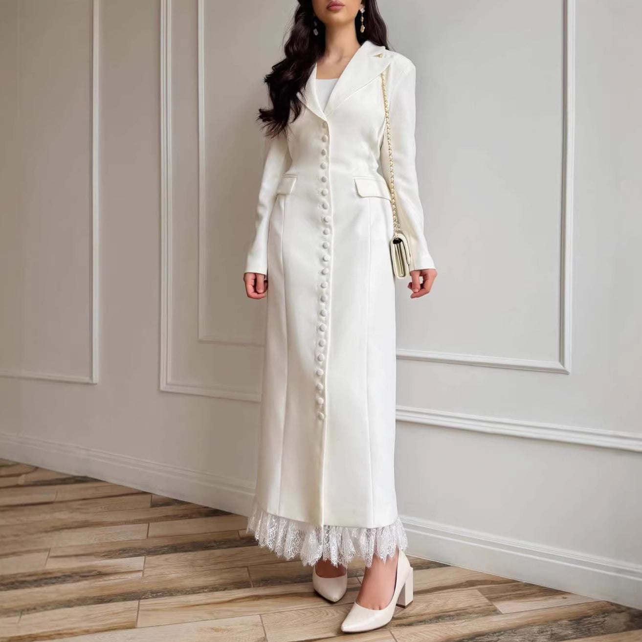 Women's Autumn Slim Lapel Lace Detail Pocket Design Clothing