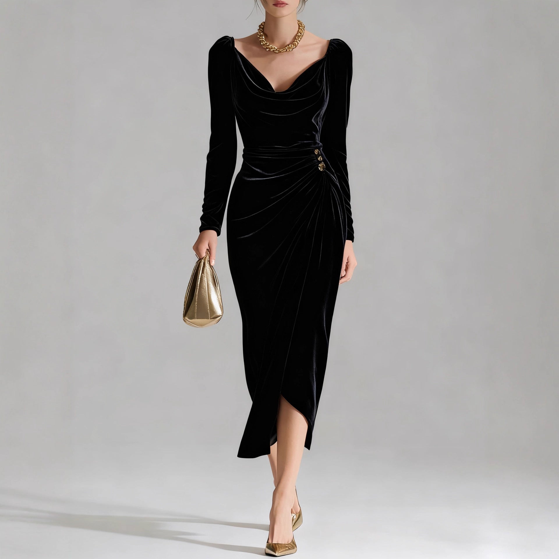 Women's Gold Veet Sexy Slimming Long Sleeves Pleated Slit Dress