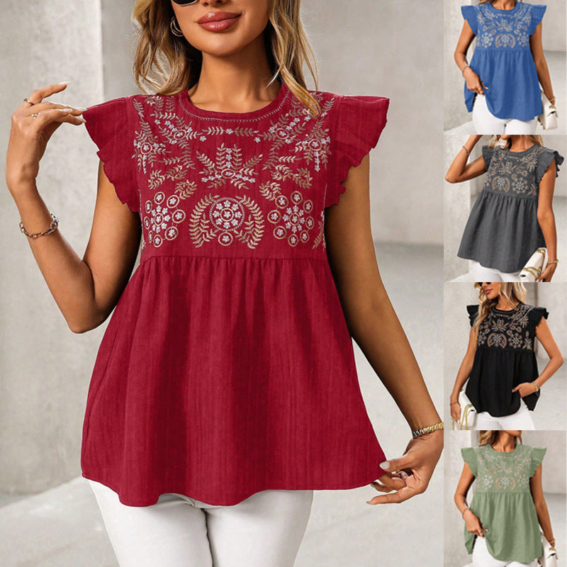 Women's National Style Embroidered Shoulder Flying Sleeves Fashion Casual Tops