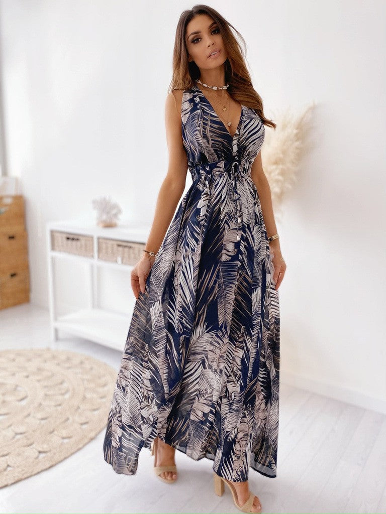 Trendy Summer Print Backless Lace Up Dress