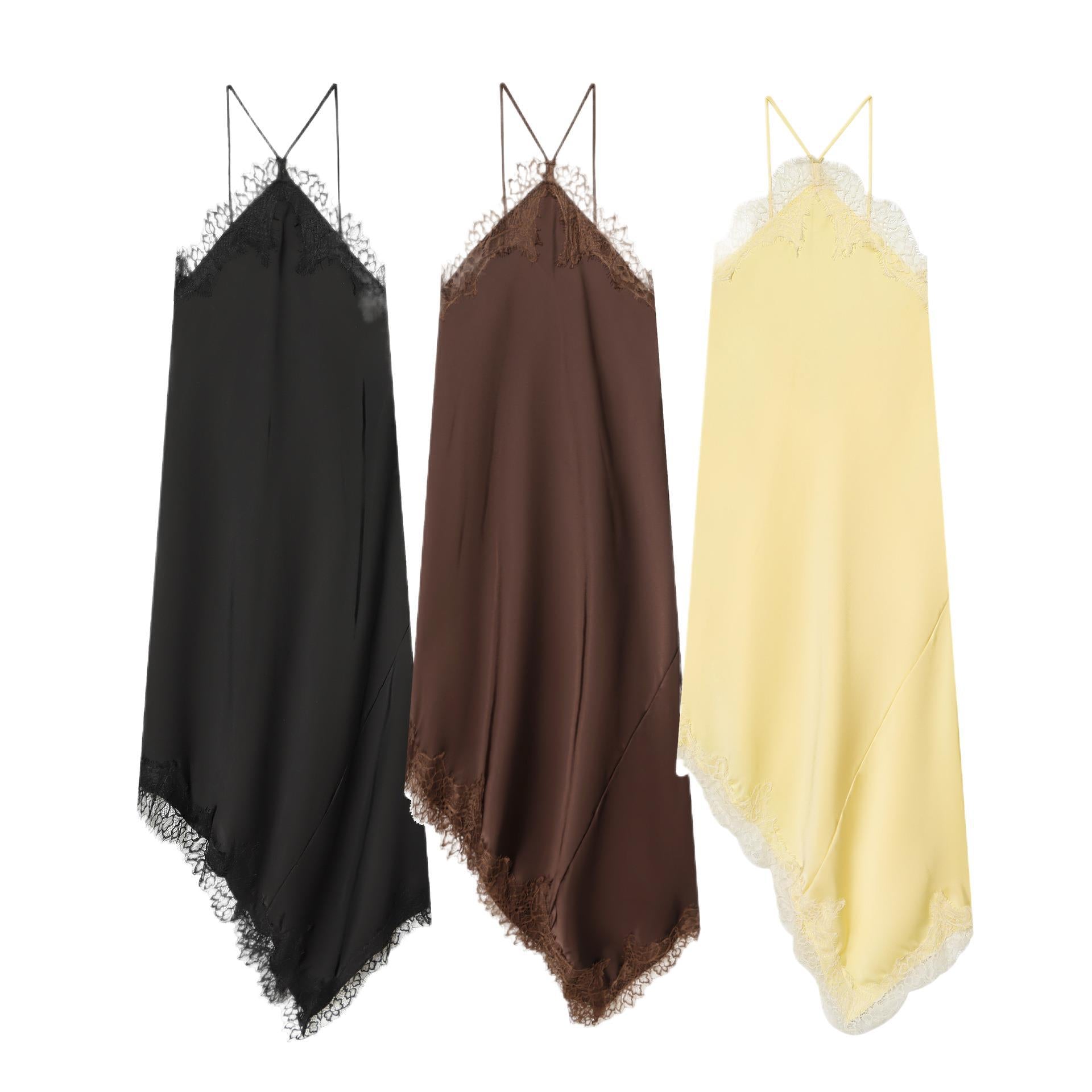 Women's Spring Pullover Sleeveless Lace Silk Satin Dress