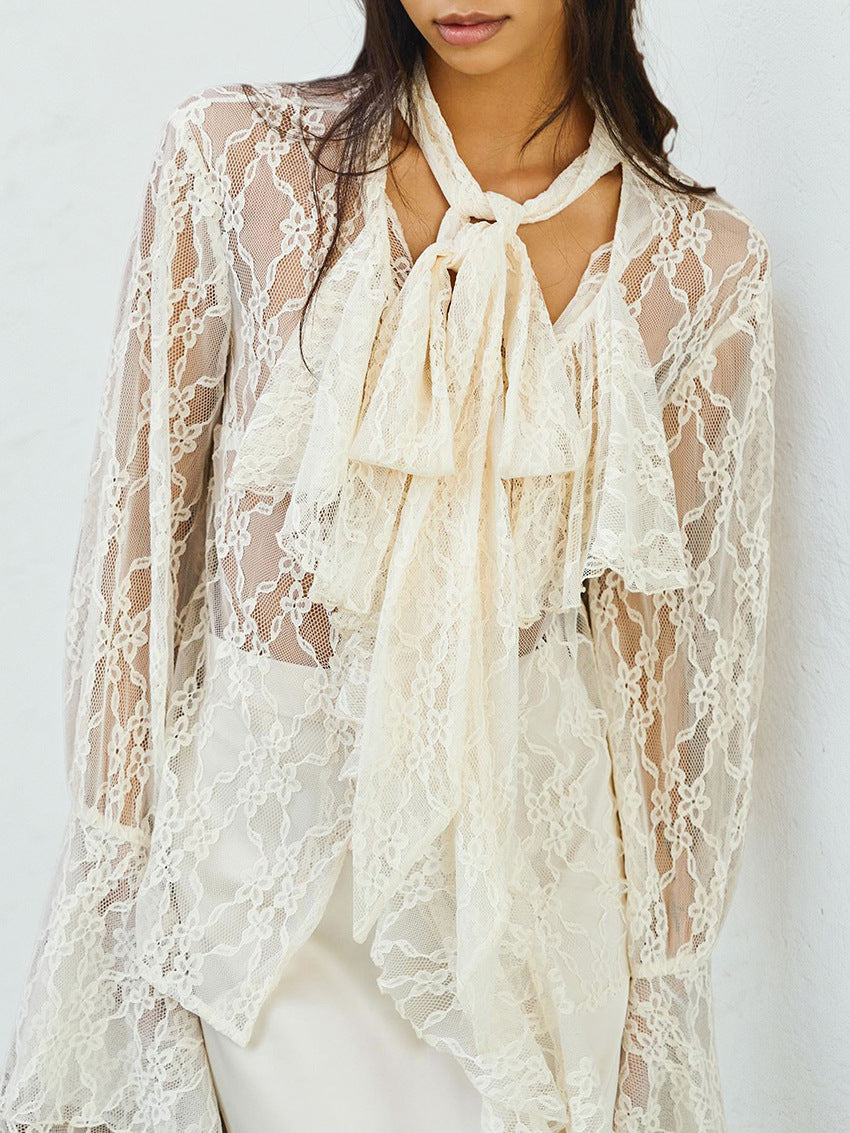 Lace Bow Long Sleeve Shirt Design Blouse