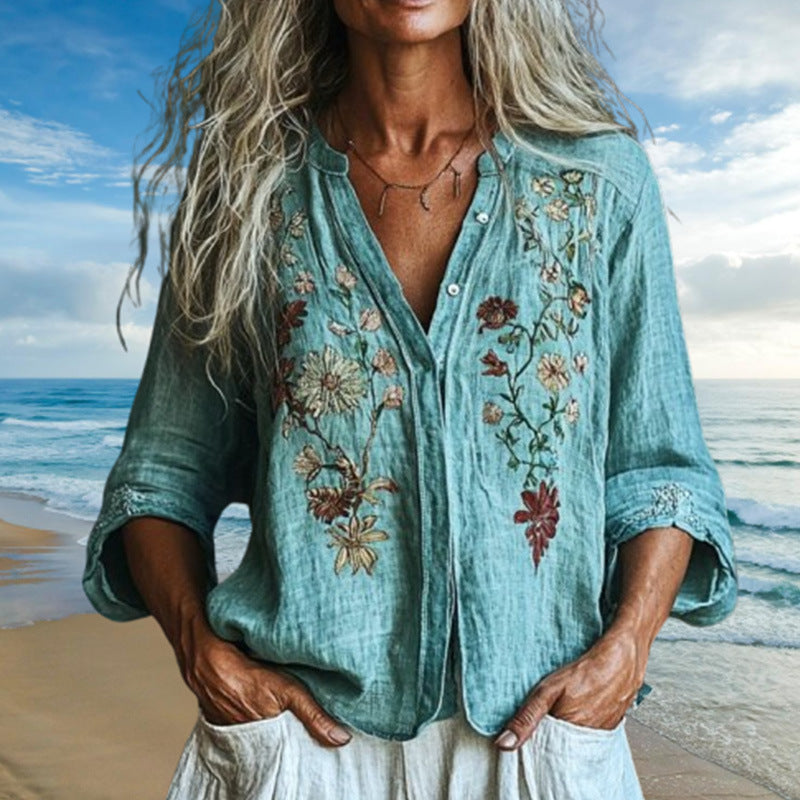 Lake Blue Imitation Embroidery Long Sleeve Blouse