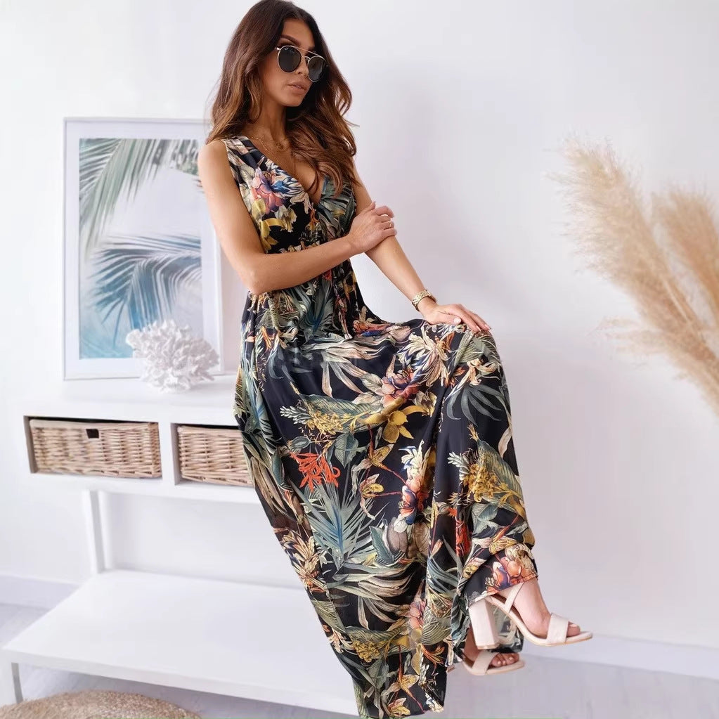 Trendy Summer Print Backless Lace Up Dress