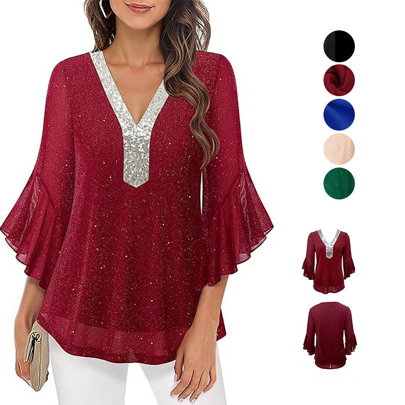 Stylish Spring Wear Sequined Pullover Shirt Blouse